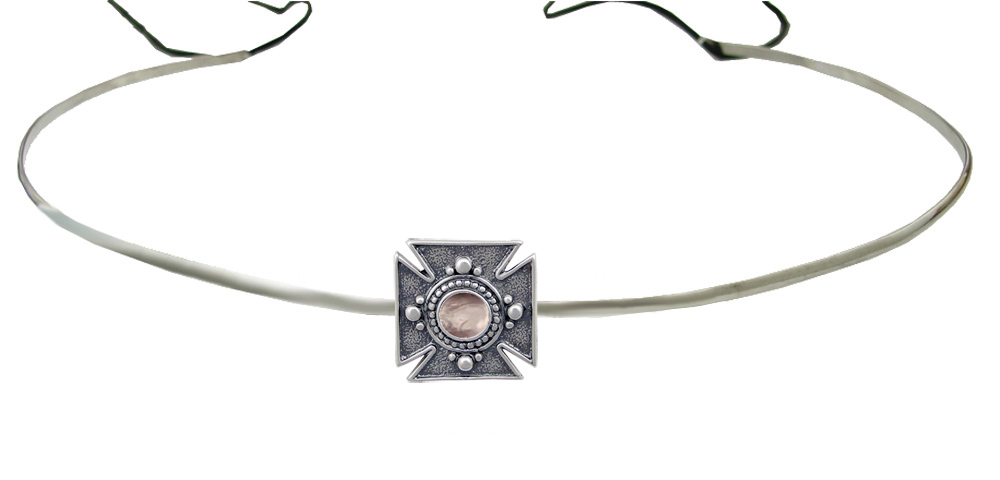 Sterling Silver Renaissance Style Medieval Cross Headpiece Circlet Tiara With Rose Quartz
